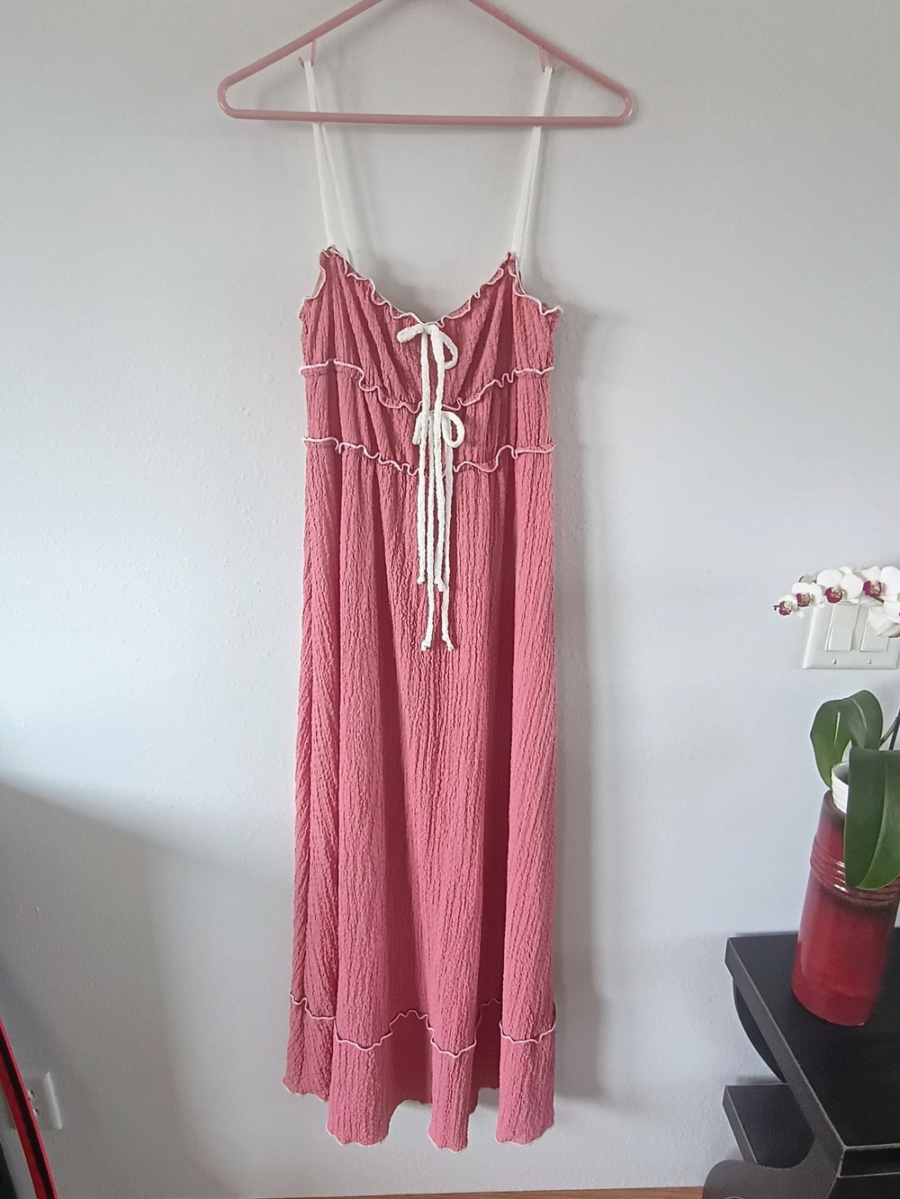 See You Monday Maxi Dress Medium Pink Boho Ruffle Flowy Sundress Tie Front - Picture 1 of 10